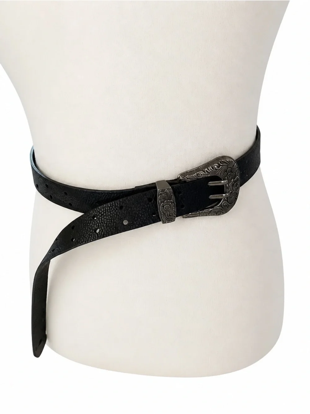Black Western-Inspired Faux Leather Belt with Engraved Silver-Tone‎ Buckle
